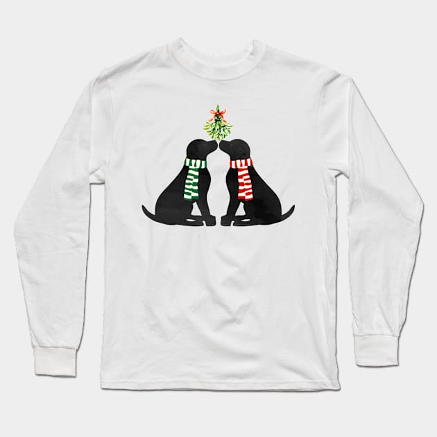 Christmas Black Labrador Dogs Kissing Mistletoe Long Sleeve T-Shirt by emrdesigns